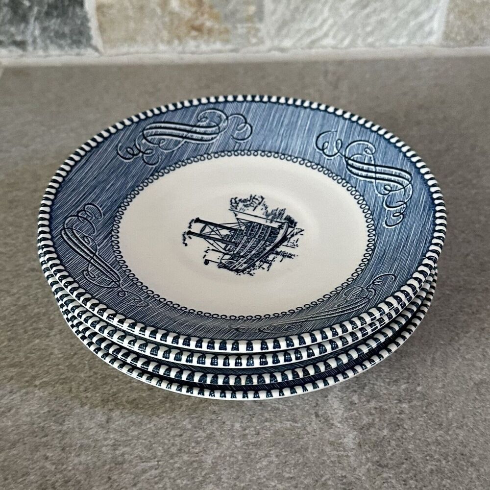 4 Vintage Currier & Ives Royal China Blue/White “Steamboat” 6” Saucer Plates